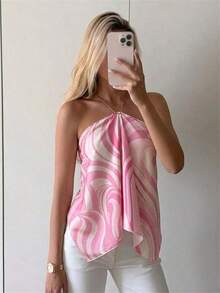 Blusa de mujer elegante con cuello de halter, estampado de tinte anudado y gasa para vacaciones en la playa - Multicolor 3 - Ver 2