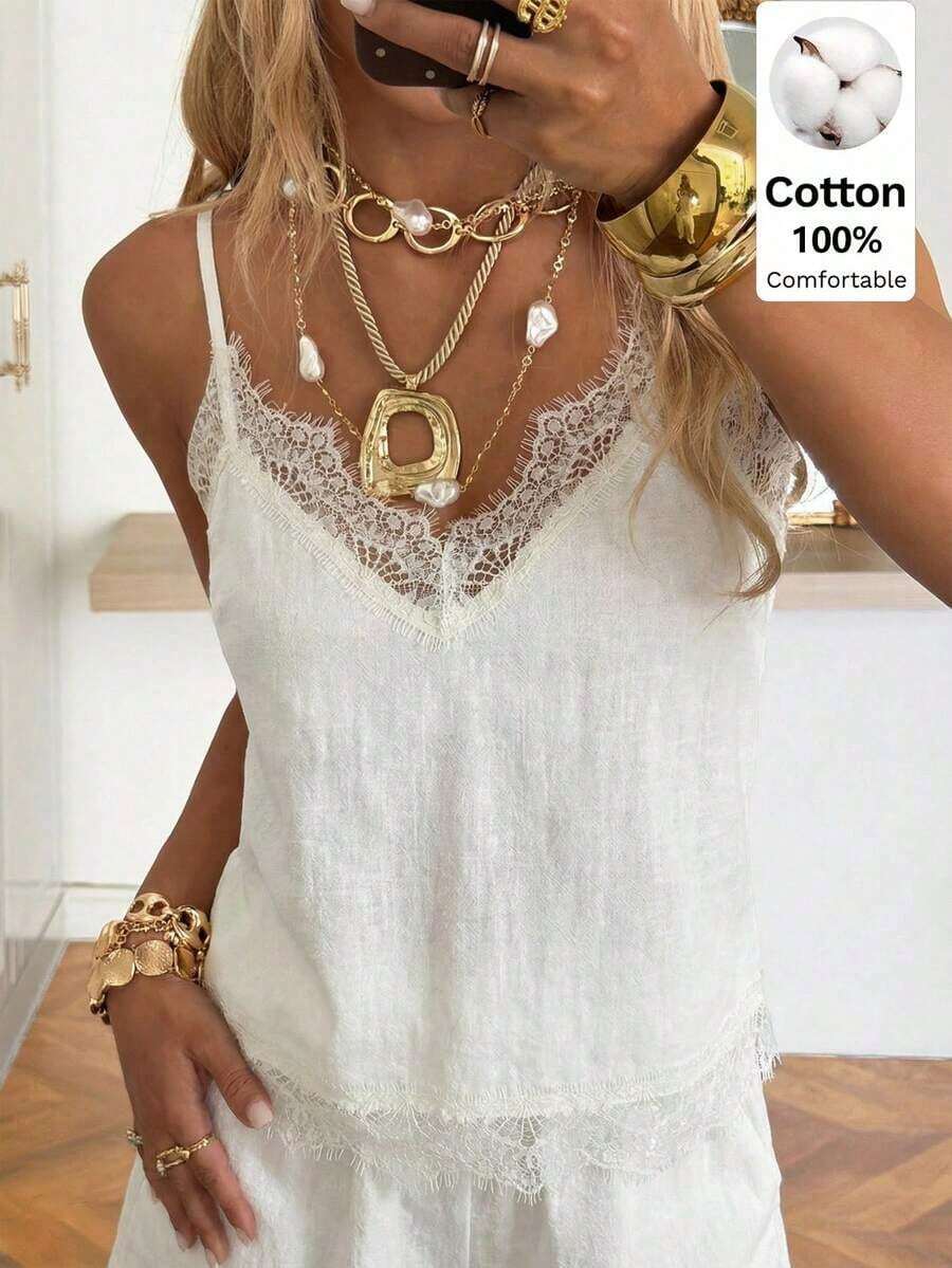 Camiseta de tirantes elegante de mujer con parches de encaje de unicolor para el verano - Blanco - Ver 1
