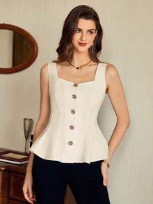 Blusa de mujer vintage, elegante y clásica, con cierre de botones metálicos con forma de flor, blusa sin mangas blanca, para primavera/verano - Albaricoque - Ver 7