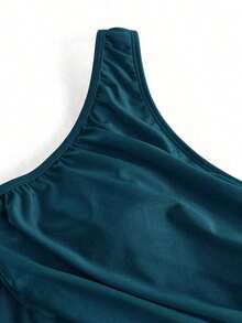 Traje de baño de una pieza de unicolor, asimétrico en el hombro, de moda para el verano y la playa, de estilo minimalista - Agua verde azul - Ver 7