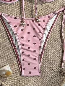 Conjunto de bikini para mujer con top de tirantes con aros y sujetador push-up con estampado digital y Bottom con lazos laterales, para primavera/verano - Rosa 2 - Ver 7