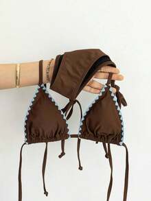 Bikini de mujer de unicolor con escote halter y lazos, estilo sexy, minimalista y elegante para playa, vacaciones, viajes y fiestas, nueva colección primavera/verano - Brote azul marrón - Ver 4