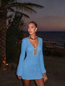 Vestido de manga larga de punto para mujer, estilo de vacaciones en la playa - orquídea clara - Ver 5