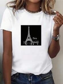 Women's 180G Pure Cotton T-Shirt With Paris Eiffel Tower Design - Ultra Soft Short Sleeve T-Shirt For Summer And Outdoor Activities, Perfect Gift For Valentine's Day And Office Team-Building Activities. - 白色 - 查看 7