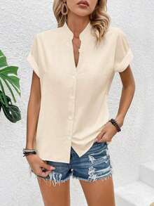 Blusa casual de verano de unicolor con botones delanteros y mangas cortas para uso diario - Beis - Ver 3