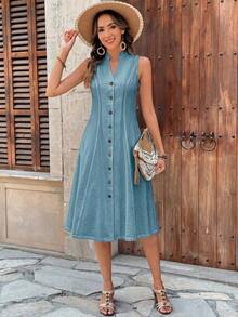 Vestido de mujer de manga corta con cuello redondo y estampado geométrico de verano - Agua verde azul - Ver 7