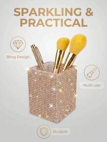Acrylic Fully Rhinestoned Pen Holder & Makeup Brush Organizer, Luxury Sparkling Desktop Decor, Vanity Desk Pen Holder & Storage Solution - Multicolor - View 3