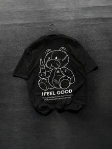 Fractyr 男款雙面印花寬鬆版型T恤，「I Feel Good」破碎泰迪熊圖案印花上衣，工業風卡通休閒上衣，柔軟短袖圓領襯衫，適合街頭穿搭與夜生活 - 黑色 - 查看 2