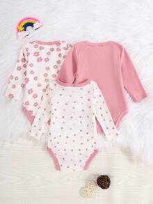 DILAVEL Set de 3 piezas de pelele de manga larga para recién nacidos de otoño/invierno, con estampado bordado de flores y estampado de leopardo de cuello redondo, adecuado para uso al aire libre - Rosa - Ver 3