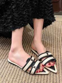 Women's Summer Pointed Toe Slip-On Slippers, Fashionable Comfortable Color Block Design, Popular Style - Black - View 2