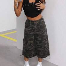 ICON Women's Camouflage Patterned Casual Denim Pants With Pockets, Summer - Verde militar - Ver 6