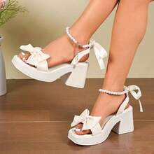 Giày sandal cao gót đế dày hở mũi thắt nơ kiểu công chúa dành cho nữ, màu trắng kem. - trắng - Xem 3