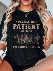 Vintage Casual T-Shirt [With Graphic Print] Attitude Style - Casual Polyester T-Shirt - Graphic Print "Please Be Patient With Me, I'm From The 20th Century" - Crew Neck, Short Sleeve, For Summer And Spring - Casual Outfit - 黑色 - 查看 1