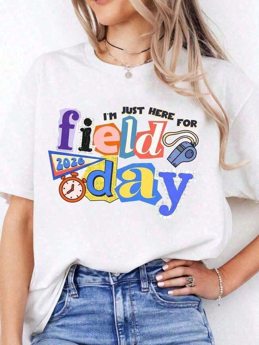 20261pscTeacher T-Shirts Women's, Simply Here For Field Day Print, Schools Field Day Tee, Teacher Crew Neck Short Sleeve Shirt, 100% Cotton Oversized Casual Graphic Top, Spring Summer, Holiday Fun Gift, Free Shipping Soft Cotton Women's Graphic Round Neck Short Sleeve Casual Tee, Easter Mother's Day Gift T-Shirt - 白色 - 查看 1
