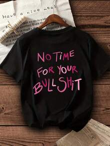 Women's Casual Short Sleeve T-Shirt With Pink Letter Print "NO TIME For YOUR" - Black Round Neck, Summer Top, Machine Washable And Comfortable For All Seasons, Ladies' T-Shirts, Relaxed Style, Printed T-Shirt, Durable Construction, T-Shirt For Fashion Lovers Y2k. - 黑色 - 查看 10