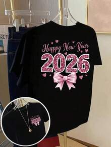 Women's T-Shirt With New Year 2026 Print - Short Sleeve, Round Neck, Casual Design With Pink Bow And Number 2026, Party And Celebration T-Shirt, Suitable For All Seasons, Ladies' T-Shirts Y2k T-Shirt Shirt - 黑色 - 查看 10