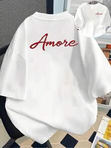 Love Print T-Shirt, Short Sleeve, Round Neck, Casual Style For Spring And Summer, Women's Clothing, Y2k, T-Shirt, Shirt - 白色 - 查看 2