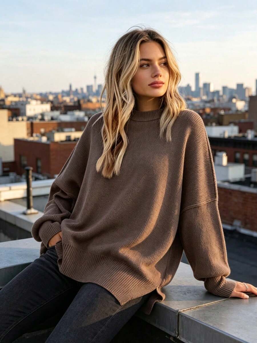 Women's Ribbed Knit Sweater With Long Sleeves And Crew Neck - Winter - Cà phê nâu - Xem 1