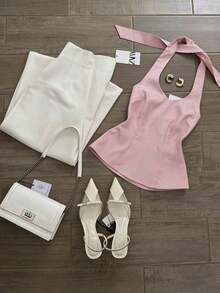 Conjunto casual de 2 piezas de top halter de unicolor y pantalones de pierna ancha para mujer - Multicolor 3 - Ver 3