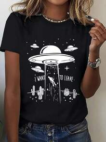 Una camiseta de manga corta con dibujo divertido, con un patrón único de elementos del planeta alienígena OVNI, para mujeres. Esta camiseta de estilo deportivo de moda, informal y enérgica es una camiseta de capa base impresa cómoda, transpirable, absorbente del sudor, ligera y suave - Negro - Ver 2