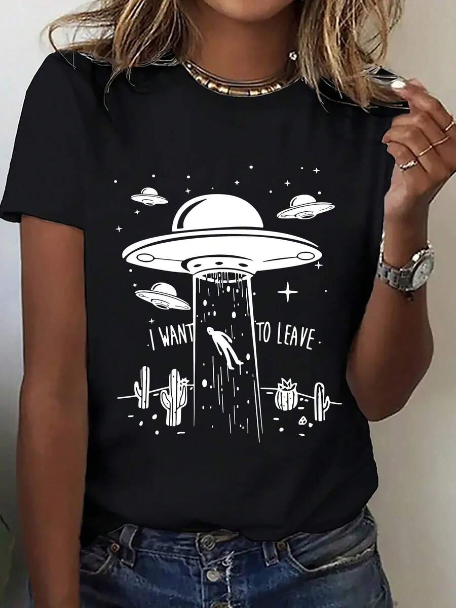 Una camiseta de manga corta con dibujo divertido, con un patrón único de elementos del planeta alienígena OVNI, para mujeres. Esta camiseta de estilo deportivo de moda, informal y enérgica es una camiseta de capa base impresa cómoda, transpirable, absorbente del sudor, ligera y suave
