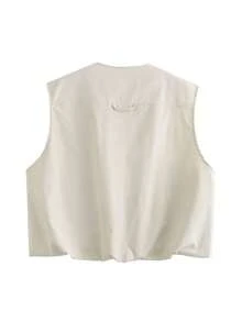 Colete estilo utilitário com cintura ajustada, colete feminino sem mangas com fecho de correr, colete utilitário solto retrô americano, agasalho em camadas para o verão - Cinza - Ver 5