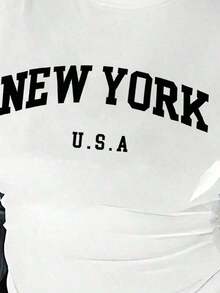 1 pieza de camiseta de manga corta con cuello redondo para hombre y mujer, de corte holgado y transpirable, con estampado de la palabra "NEW YORK", estilo mono de una pieza, paquete individual, 180g, 100% algodón suave. - Negro 2 - Ver 7