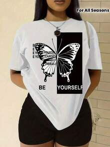 Women's 002 | Women's T-Shirt With Black And White Butterfly Print And English Lettering, Ideal For All Seasons - 白色 - 查看 1