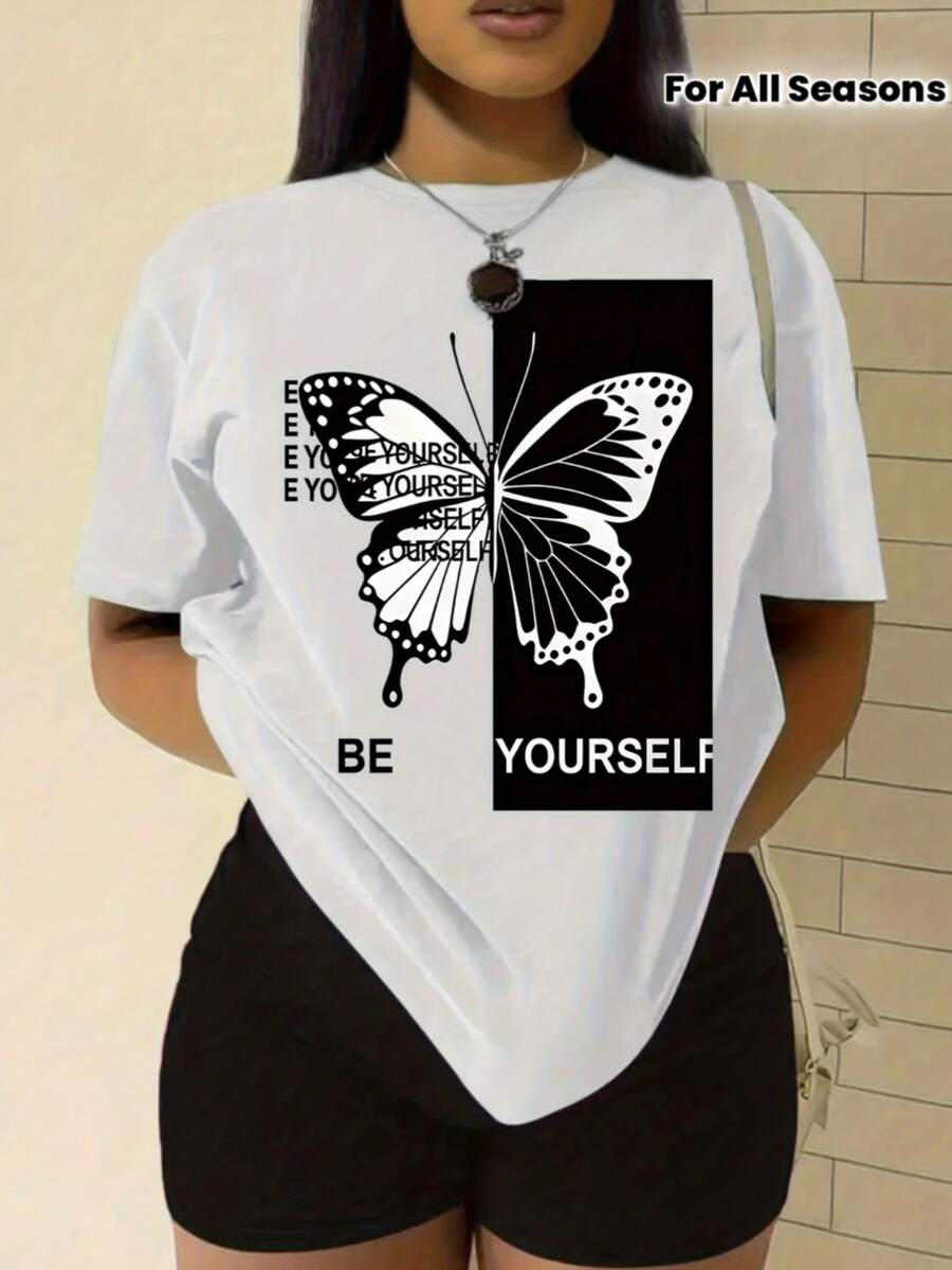 Women's 002 | Women's T-Shirt With Black And White Butterfly Print And English Lettering, Ideal For All Seasons - 白色 - 查看 1