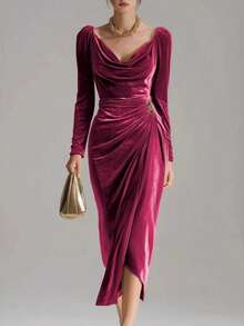 New Women's Long Dress, Made Of Shiny Velvet, Casual And Sexy Style, Long Sleeves, Pleated, Side Slit, Mermaid Cut, Flattering Design, Perfect For Parties And Special Nights - 紅色 - 查看 2