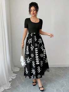 GGHKKssg Women's Summer Solid Color & Printed Patchwork Minimalist Casual Dress - Negro 3 - Ver 7