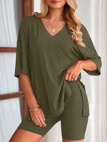 PRETTYGARDEN Women's Summer Clothes 2 Piece Sets Lounge Set Casual Oversized Shirts Biker Shorts Matching Airport Travel Sweatsuit Set Women Vacation Outfit Summer Brunch Outfits For Women - 淺軍綠 - 查看 4