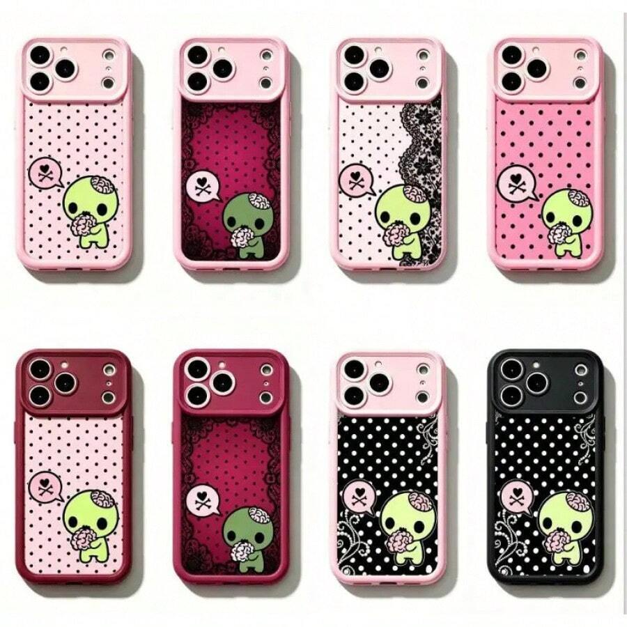 Y2k Kawaii Emo Zombie Phone Case | Pink Black Polka Dot Skull Pattern Protective Cover, Soft Durable TPU Cover With Lens Protection. Compatible With 11-17 Pro Max & , Cute Stylish Aesthetic Design, Perfect Gift Ideas For Her & Him. - 6 - Xem 1