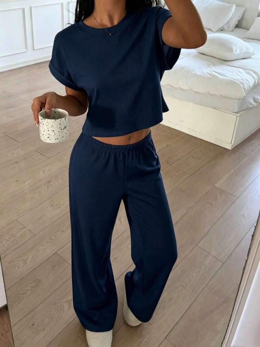 Conjunto de mujer de punto gris para el hogar, top y pantalones casuales simples y de moda para el día a día - Azul Marino - Ver 1