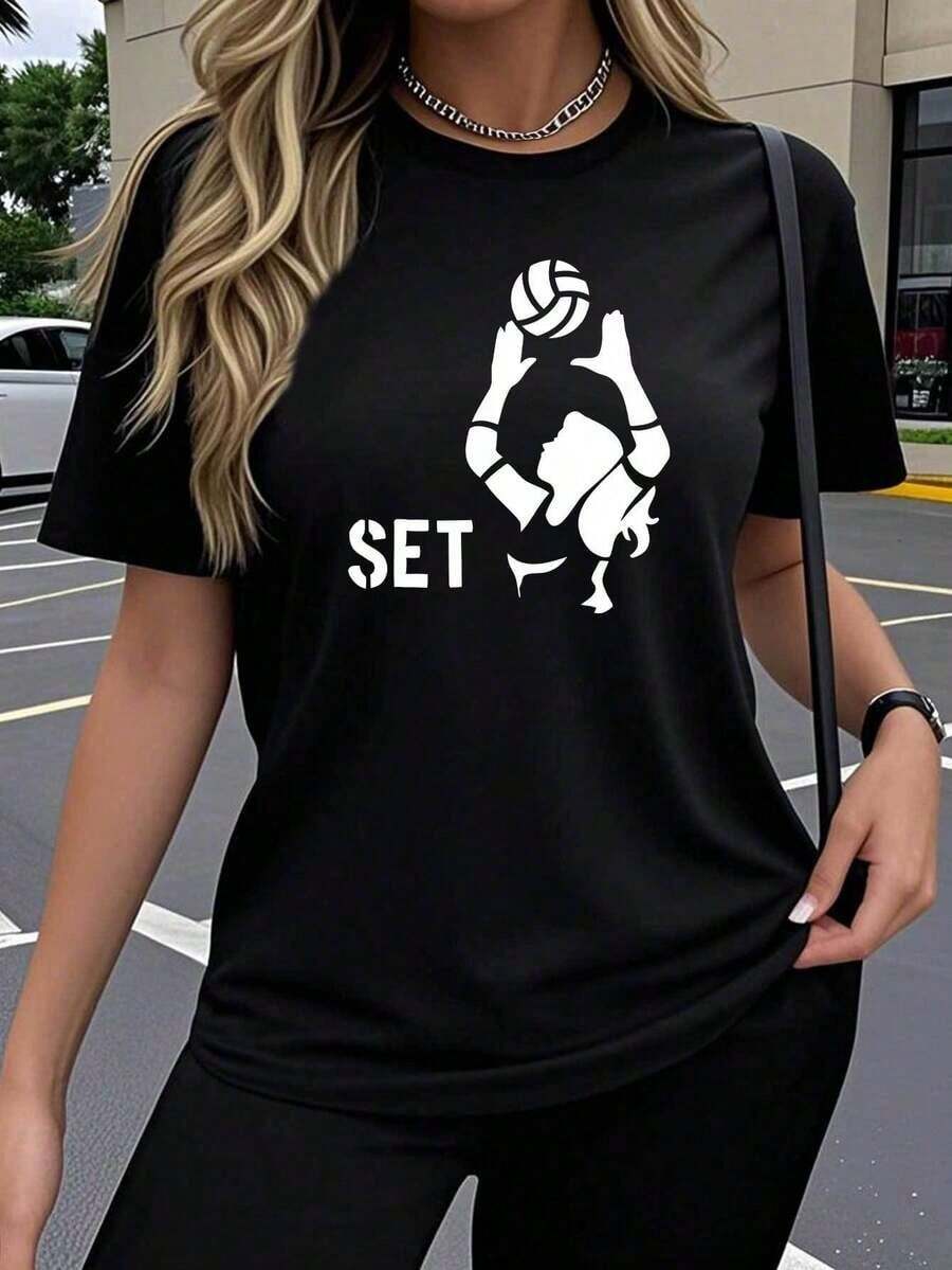 Loose-Fitting Women's Short-Sleeve T-Shirt With A Volleyball Design, Featuring An Artistic Print That's Creative, Fun, And Popular. It's Breathable, Stretchy, And Has A Round Neck. Comfortable For Outdoor Wear In Spring, Summer, And Fall. The Y2K Style Is Loose, Casual, Simple, And Fashionable. This Women's Cotton T-Shirt Is Breathable, Sweat-Wicking, And Perfect For Summer. - 黑色 - 查看 1