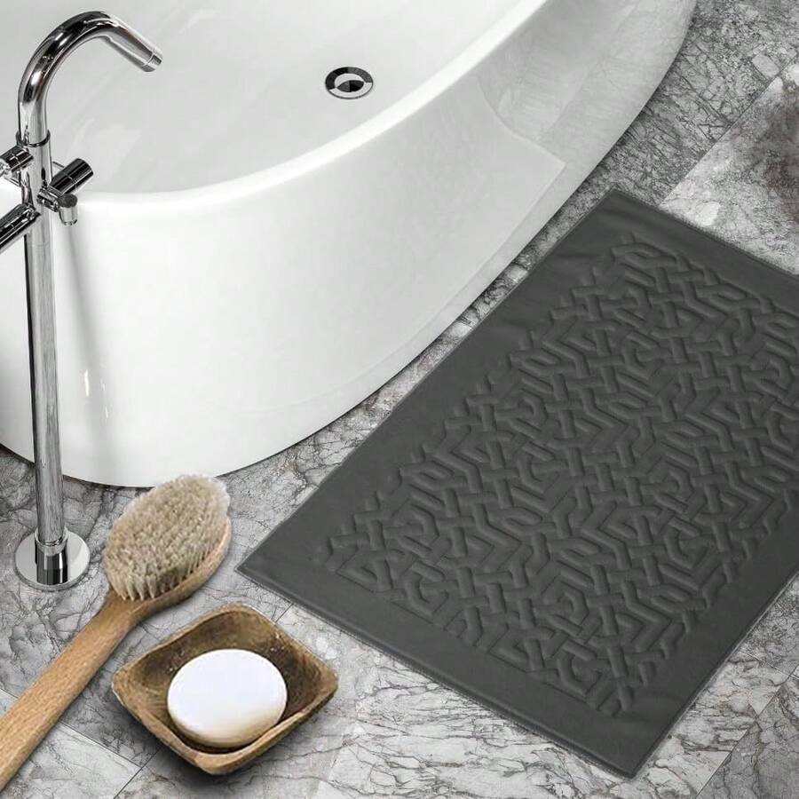 Pack Of 2 Bath Mats For Bathroom Floor – 50x80 Cm Terry Cloth Towelling Rug With Geometric Jacquard Pattern – 900 GSM Hotel Style Mat – Machine Washable - Charcoal Grey - View 1
