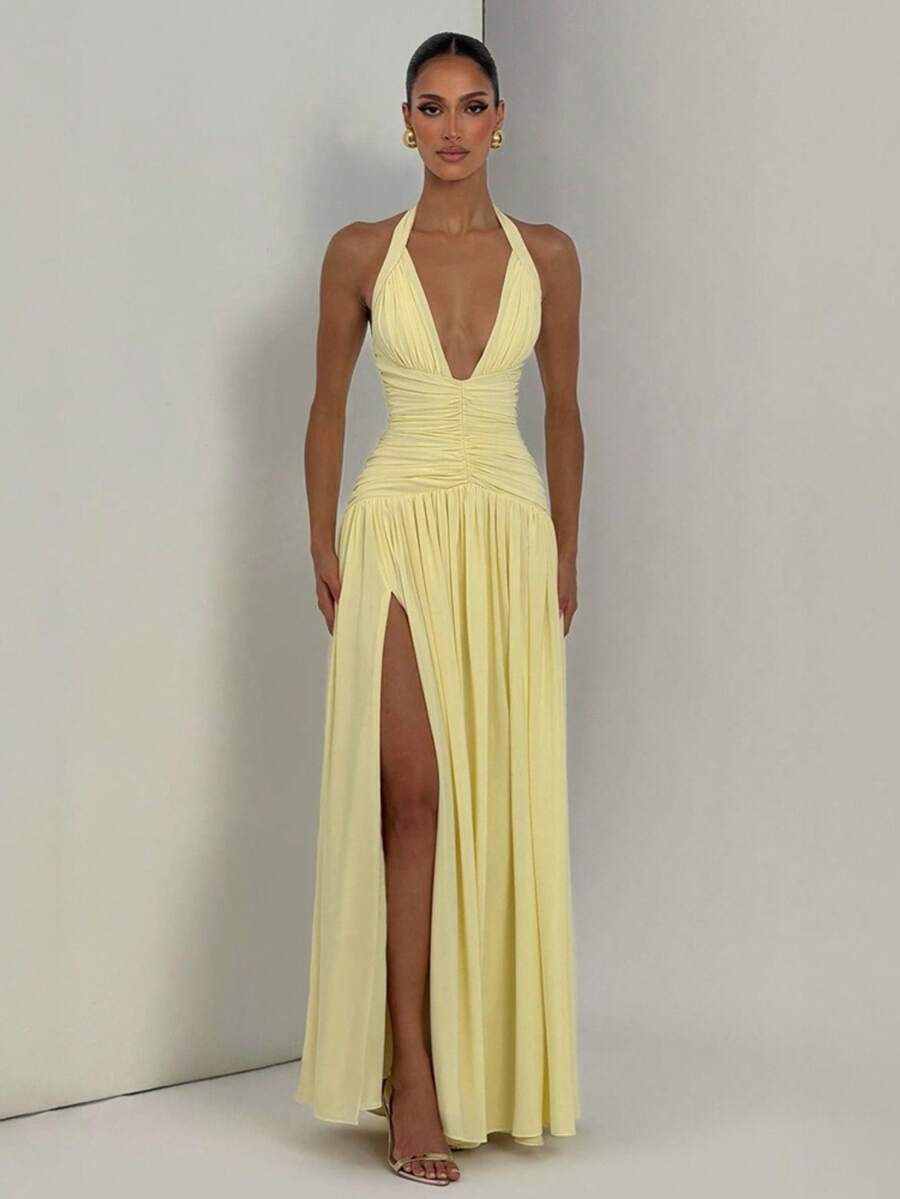Nueva Llegada Vestido de Gala Cuello Halter Espalda Descubierta Abertura Alta - Amarillo - Ver 1