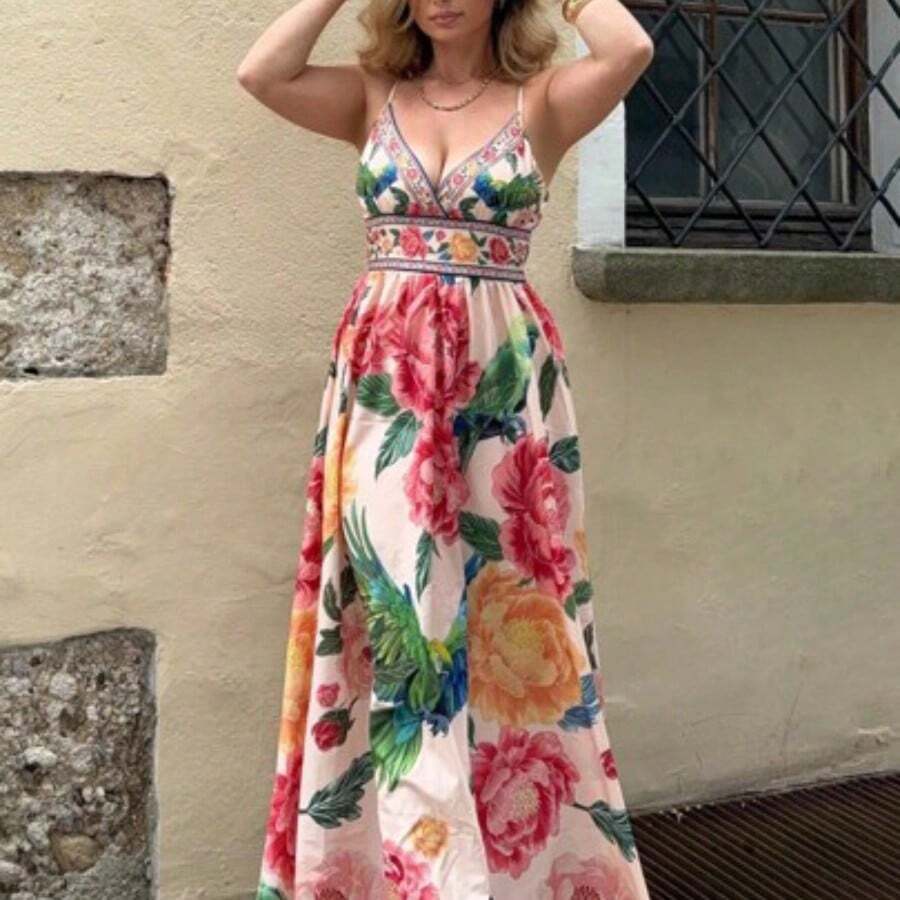 Women's V-Neck Maxi Woven Dress With Floral Print, For Spring/Summer Resort,Summer Outfits For Women,Beachwear,Easter,Beach Outfits For Woman,Spring Break,Vacation Outfits Women,Concert Outfit Women,BOHO,Music Festival,Tropical Vacation Woman Clothes,Romantic,Summer Dresses For Women - Multicolor - Ver 1