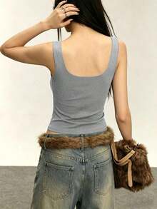 Camiseta de tirantes casual ajustada con pliegues de unicolor para mujer - Gris - Ver 2