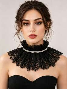 1pc Gothic Victorian Style Black Lace Ruffle Faux Collar With Pearl Decor, Detachable Ruffle Choker Collar, Suitable For Lolita, Cosplay And Halloween - Black - View 4