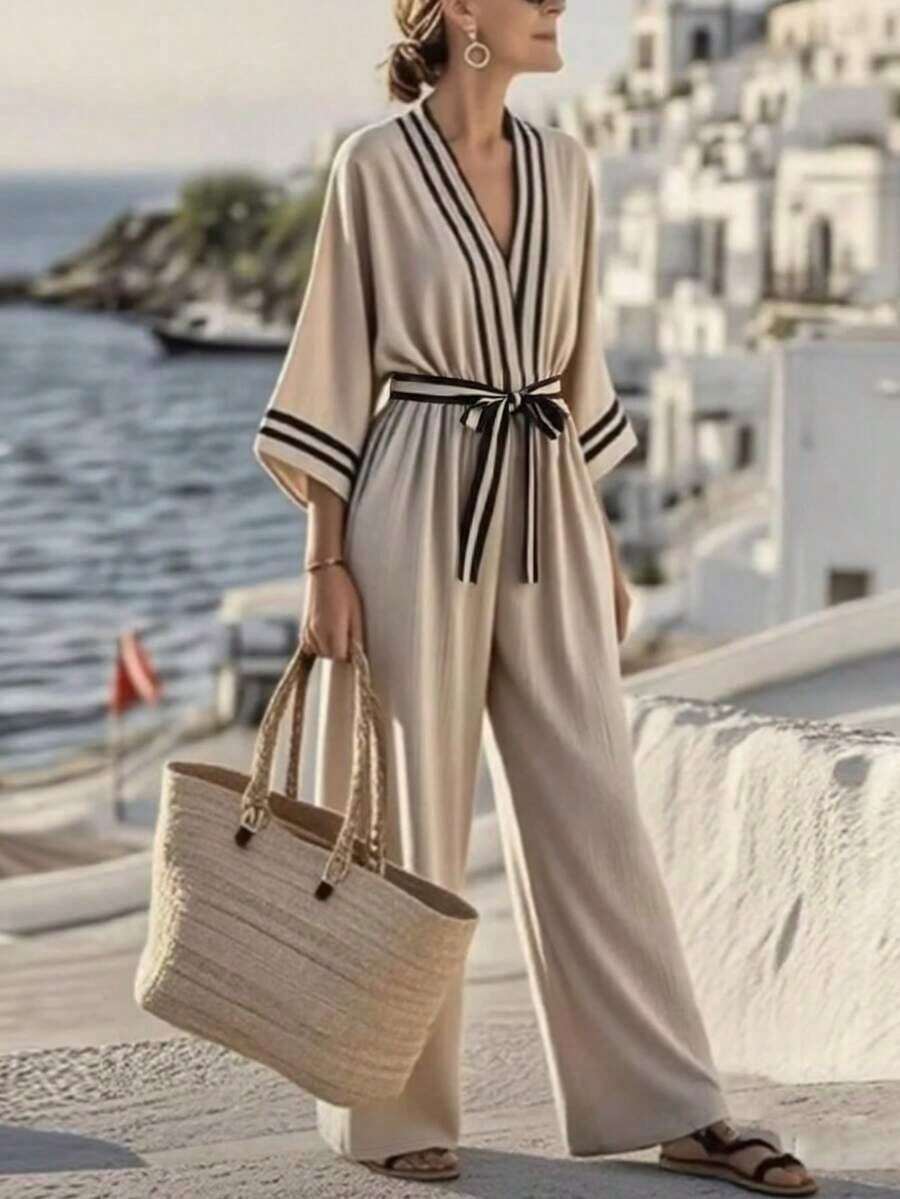 Holidaya Mono de mujer con cuello en V, estampado digital, con cinturón en la cintura, manga 3/4, versátil para vacaciones, playa, verano y otoño, nueva llegada 2026, elegante y de moda para uso diario, ir al trabajo, citas, fiestas de noche, jardín - Multicolor - Ver 1