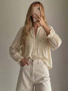 HH Blusa elegante y única de estilo francés, con bordado floral y diseño calado, camisa casual de manga larga para mujer para primavera/verano - Albaricoque - Ver 6