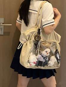 1pc Fashionable Casual Reversible Nylon Drawstring Transparent Badge Decor Large Capacity Shoulder Bag, Suitable For Daily, Commuting, Party, Holiday Gift For Women - Multicolor - View 9
