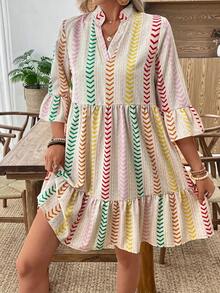 LUNE Vestido de verano de mujer con base blanca y estampado de hojas azules, cuello alto y manga 3/4 tipo patinadora - Multicolor - Ver 6