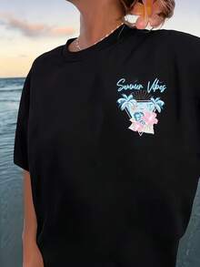 Plus Size, Sommar dam-T-shirt med tryck på ryggen, avslappnad plus size, rund hals, breda axlar, bekväm löst sittande topp, sommartoppar - Svart - Visa 2