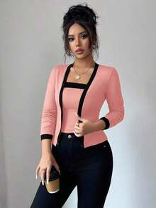 Set de 2 piezas: Top de mangas largas con panel de color elegante de frente abierto y camiseta sin mangas para mujer - Multicolor 3 - Ver 3