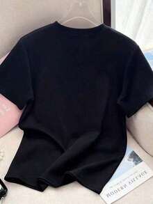 Camiseta Casual de Manga Corta para Mujer, Estampada por Transferencia Térmica, Corte Holgado. Camiseta moderna y fresca. - Negro - Ver 2