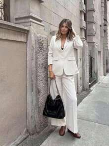 Conjunto de traje de mujer, blazer de unicolor estilo vintage + pantalones rectos, 2 piezas - Blanco - Ver 7