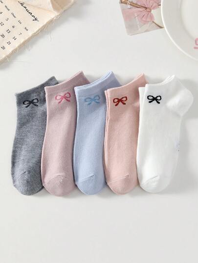 5 đôi tất ngắn cổ thấp họa tiết nơ nhiều màu sắc dành cho nữ, tất cổ thấp mỏng, thời trang thường ngày, phù hợp cho mọi mùa.