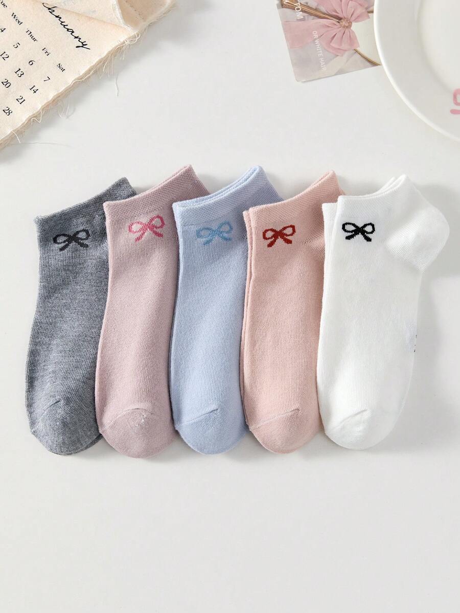 5雙女款多色蝴蝶結圖案短襪,休閒時尚低筒船襪,適合四季穿著 - 彩色 - 查看 1